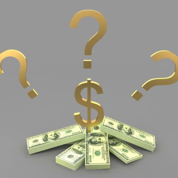 truthfinder background check service price cost golden question marks and dollar sign over dollar bills gray background